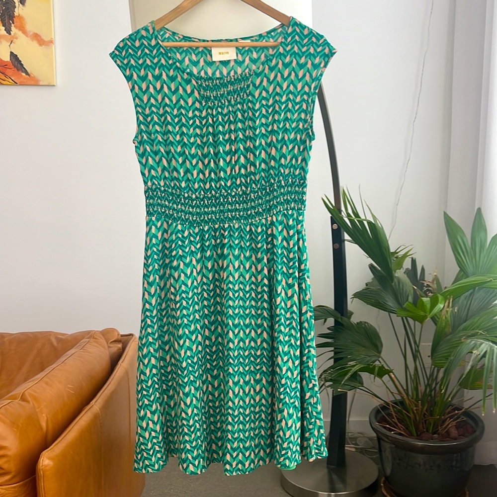 Anthropologie Maeve Evaline Smocked Waist Green Print Dress - Picture 3 of 7